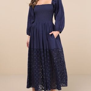 Lulus Yarella Dark Blue Smocked Midi Dress - Size M
